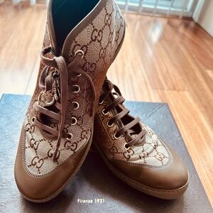 Gucci Brown GG Canvas Lace-Up Wedge Boots